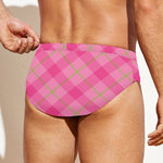 Pink And Green Plaid Pattern Print Men's Swim Briefs