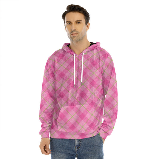 Pink And Green Plaid Pattern Print Men's Velvet Pullover Hoodie