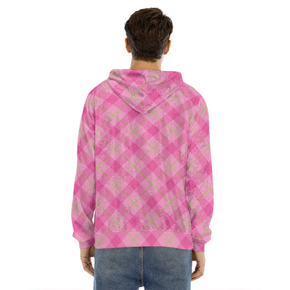 Pink And Green Plaid Pattern Print Men's Velvet Pullover Hoodie