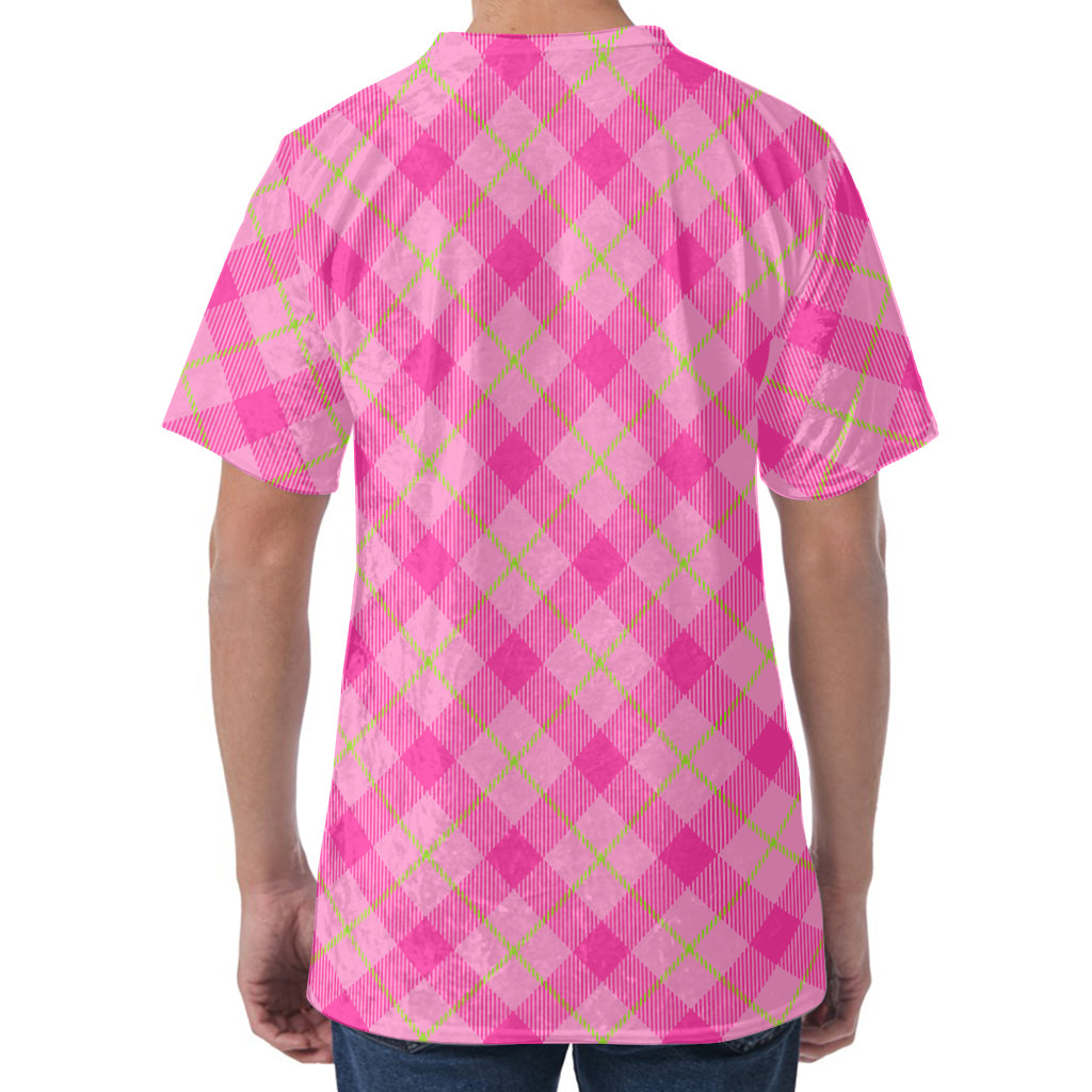 Pink And Green Plaid Pattern Print Men's Velvet T-Shirt