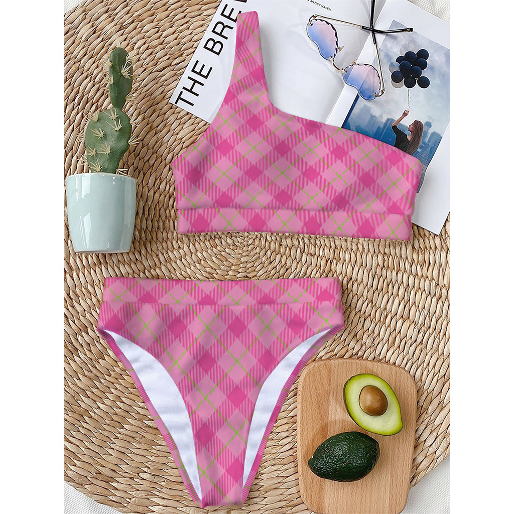 Pink And Green Plaid Pattern Print One Shoulder Bikini Top