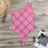 Pink And Green Plaid Pattern Print One Shoulder Bodysuit