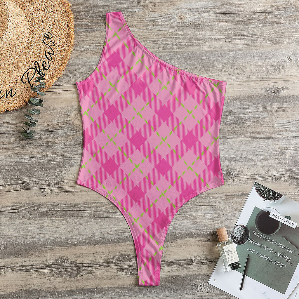 Pink And Green Plaid Pattern Print One Shoulder Bodysuit