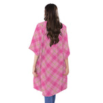 Pink And Green Plaid Pattern Print Open Front Beach Cover Up