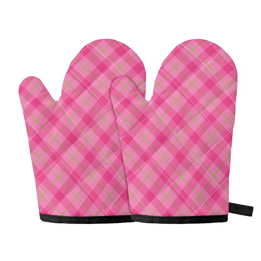 Pink And Green Plaid Pattern Print Oven Mitts