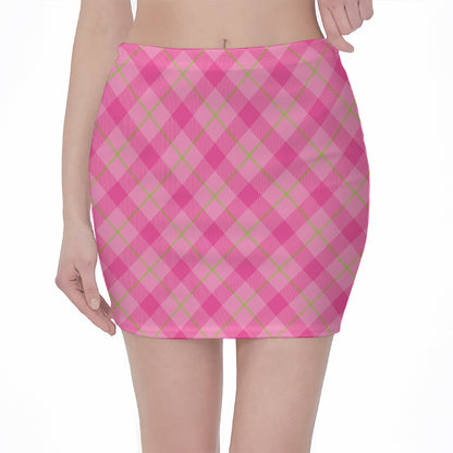 Pink And Green Plaid Pattern Print Pencil Mini Skirt