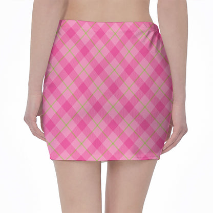 Pink And Green Plaid Pattern Print Pencil Mini Skirt