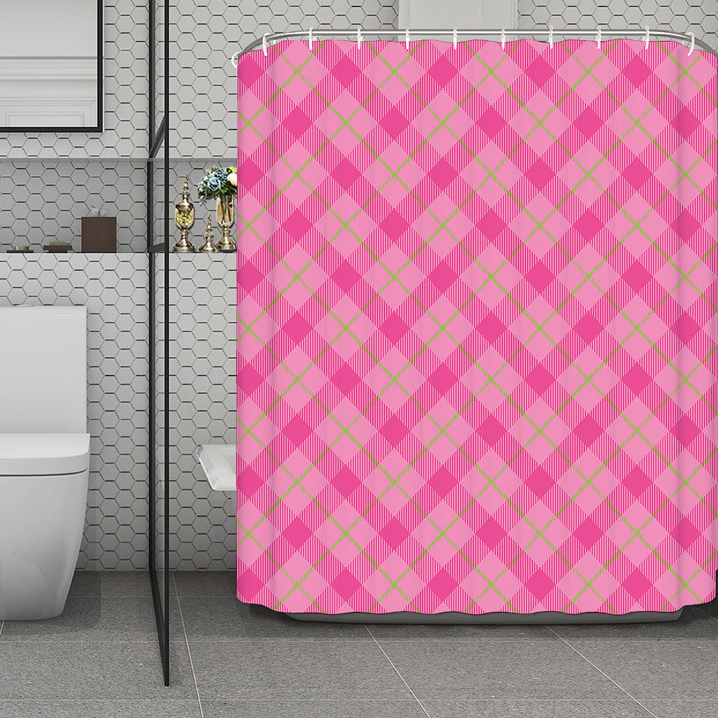 Pink And Green Plaid Pattern Print Polyester Shower Curtain