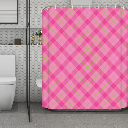 Pink And Green Plaid Pattern Print Polyester Shower Curtain