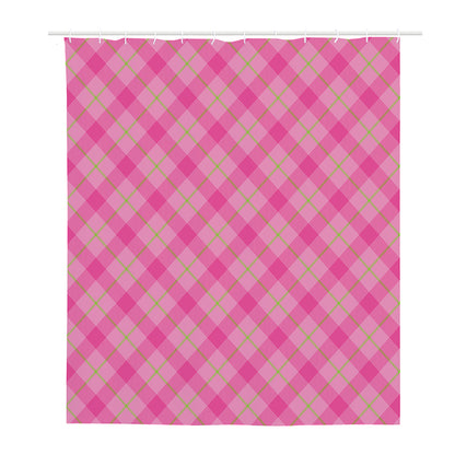 Pink And Green Plaid Pattern Print Polyester Shower Curtain