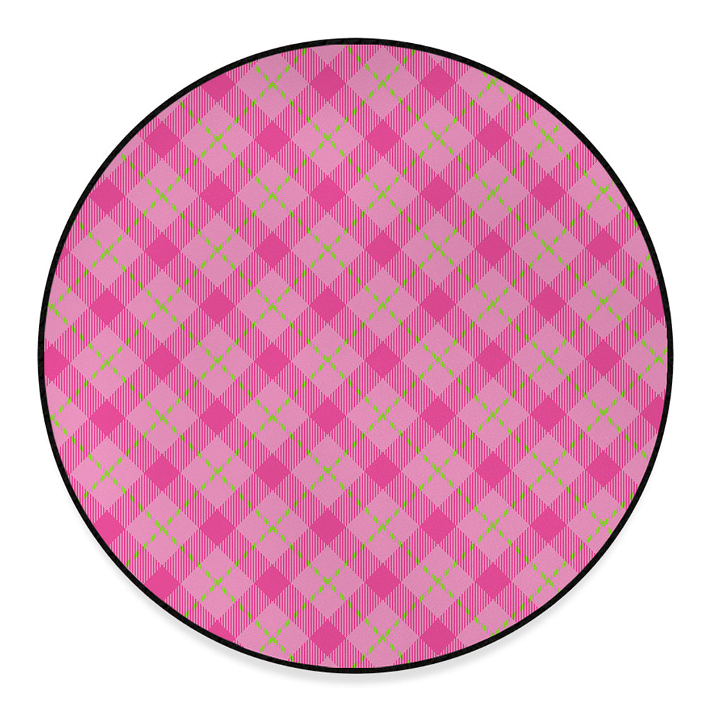 Pink And Green Plaid Pattern Print Round Floor Mat