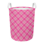 Pink And Green Plaid Pattern Print Round Laundry Basket
