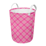 Pink And Green Plaid Pattern Print Round Laundry Basket