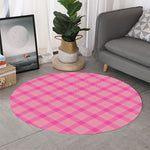 Pink And Green Plaid Pattern Print Round Rug
