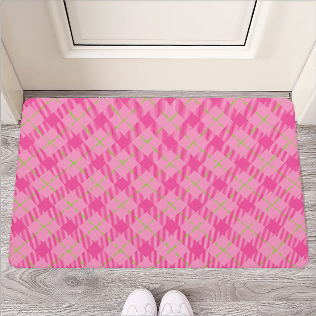 Pink And Green Plaid Pattern Print Rubber Doormat