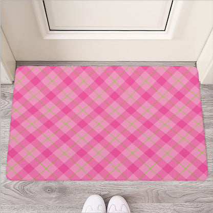 Pink And Green Plaid Pattern Print Rubber Doormat