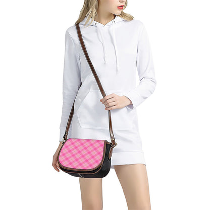 Pink And Green Plaid Pattern Print Saddle Bag