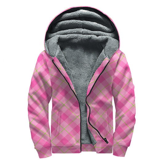 Pink And Green Plaid Pattern Print Sherpa Lined Zip Up Hoodie