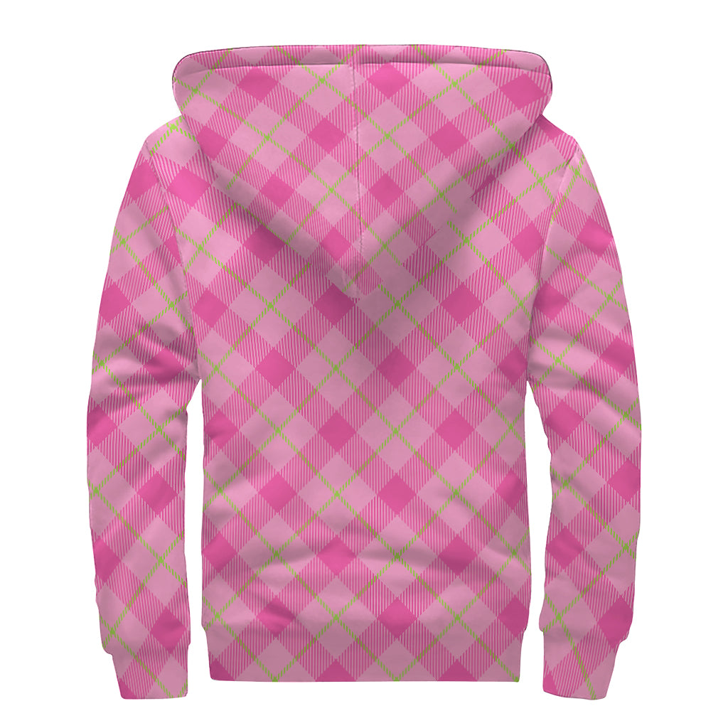 Pink And Green Plaid Pattern Print Sherpa Lined Zip Up Hoodie