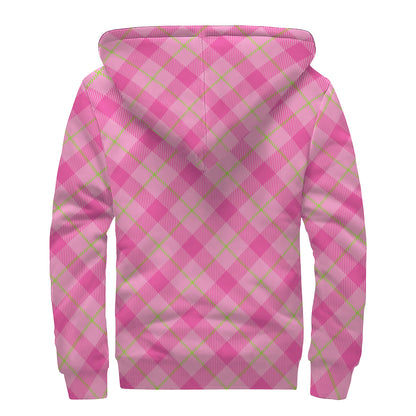 Pink And Green Plaid Pattern Print Sherpa Lined Zip Up Hoodie