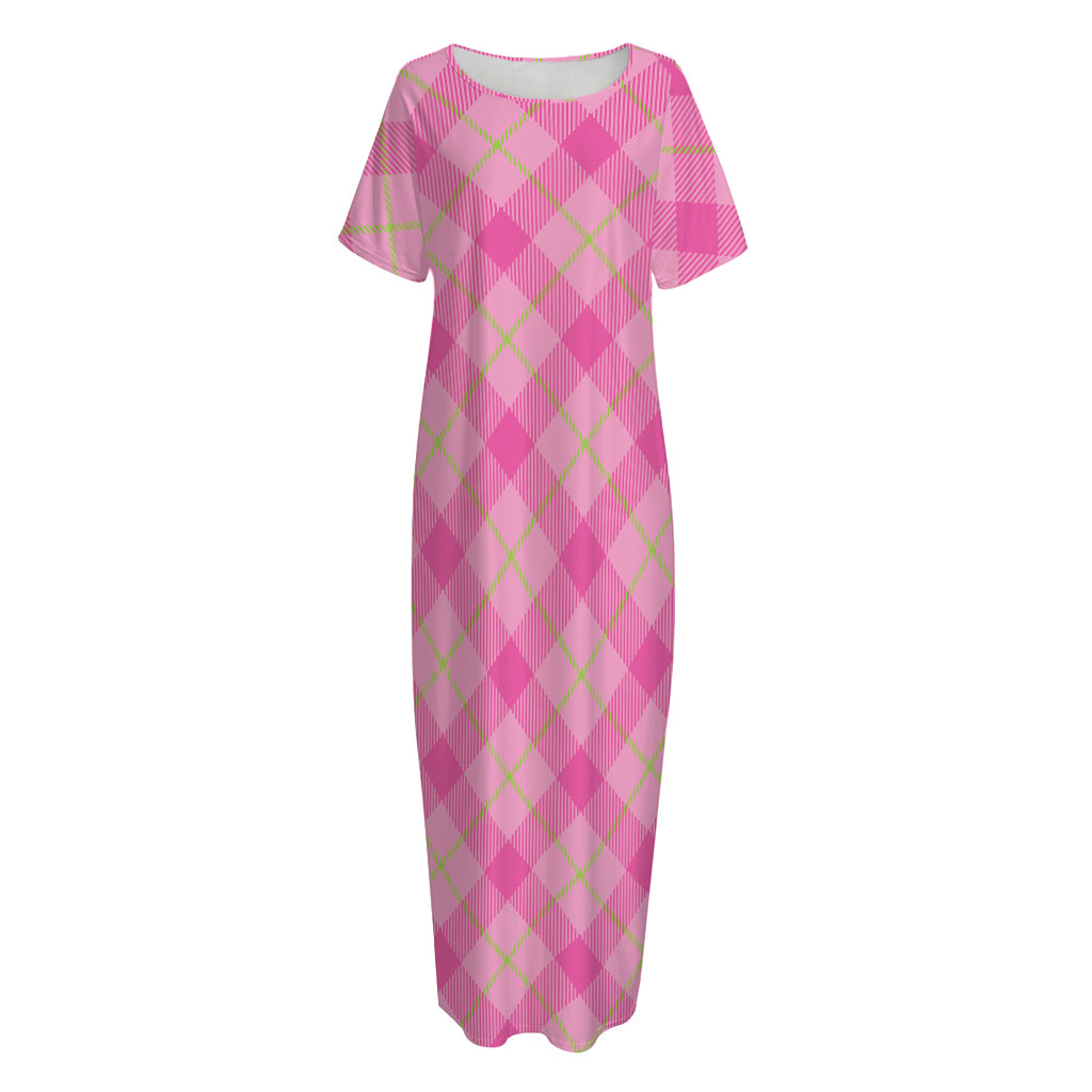 Pink And Green Plaid Pattern Print Short Sleeve Long Nightdress