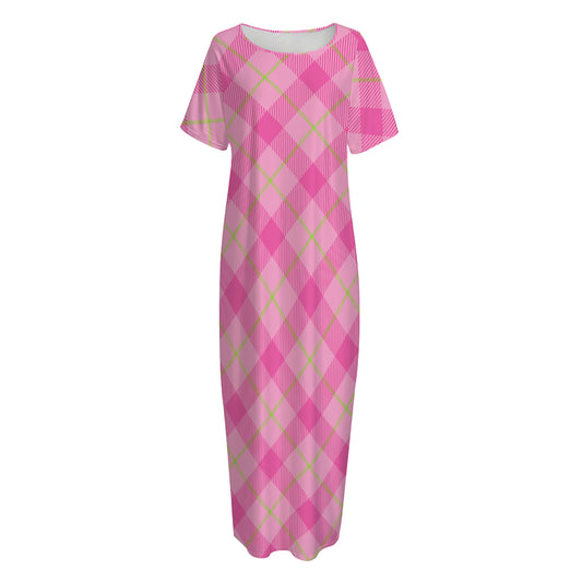 Pink And Green Plaid Pattern Print Short Sleeve Long Nightdress