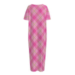 Pink And Green Plaid Pattern Print Short Sleeve Long Nightdress
