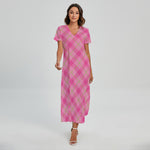 Pink And Green Plaid Pattern Print Short Sleeve Maxi Dress