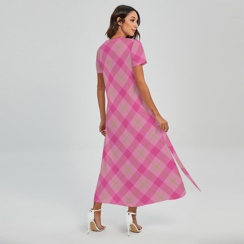 Pink and Green Plaid Pattern Print Short Sleeve Maxi Dress