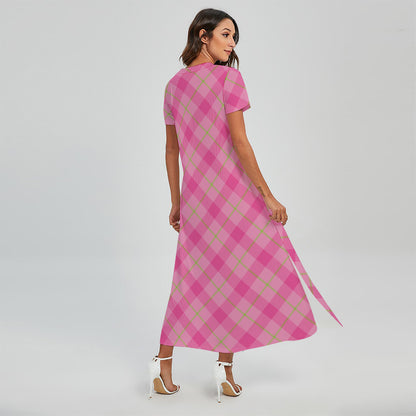 Pink And Green Plaid Pattern Print Short Sleeve Maxi Dress