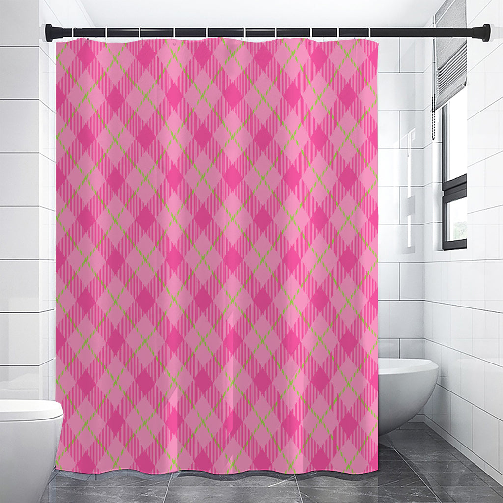 Pink And Green Plaid Pattern Print Shower Curtain