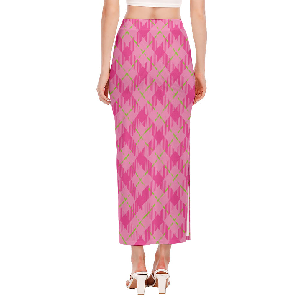 Pink And Green Plaid Pattern Print Side Slit Maxi Skirt
