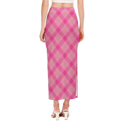 Pink And Green Plaid Pattern Print Side Slit Maxi Skirt