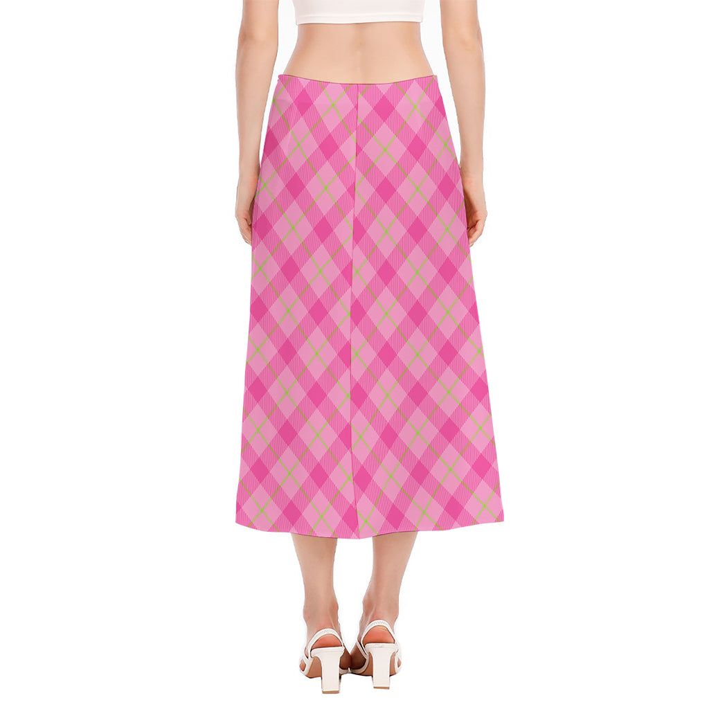Pink And Green Plaid Pattern Print Side Slit Midi Skirt