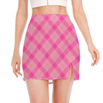 Pink And Green Plaid Pattern Print Side Slit Mini Skirt