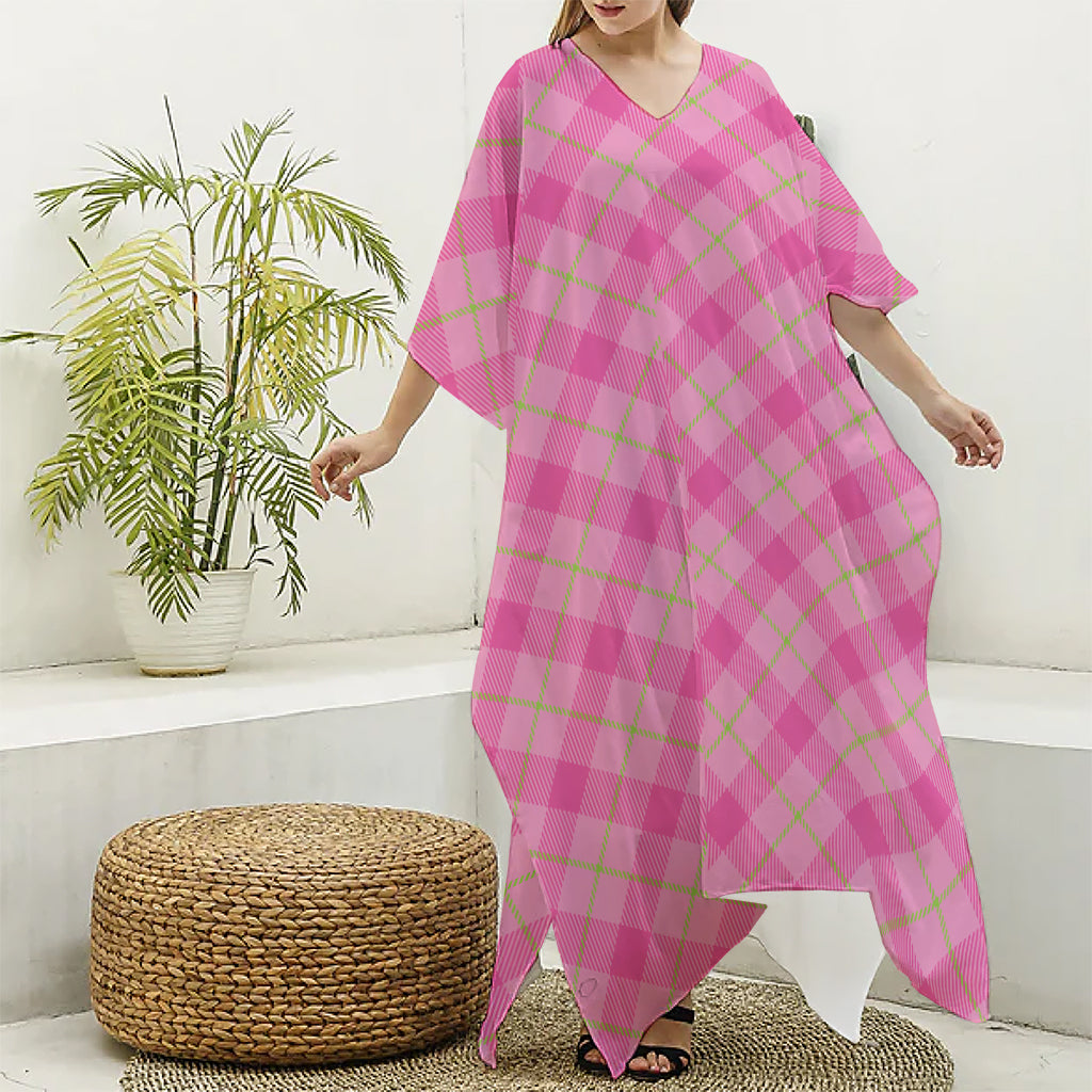 Pink And Green Plaid Pattern Print Silk V-Neck Kaftan Dress