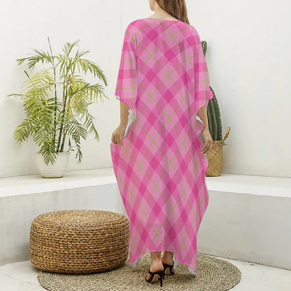 Pink And Green Plaid Pattern Print Silk V-Neck Kaftan Dress