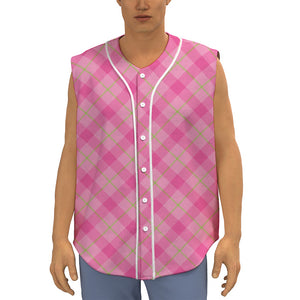 Pink And Green Plaid Pattern Print Sleeveless Baseball Jersey