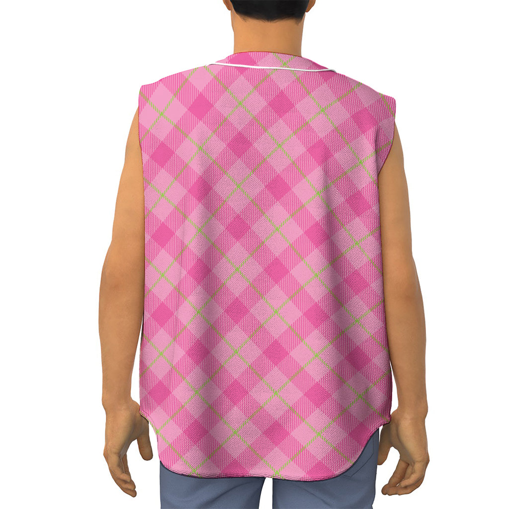 Pink And Green Plaid Pattern Print Sleeveless Baseball Jersey