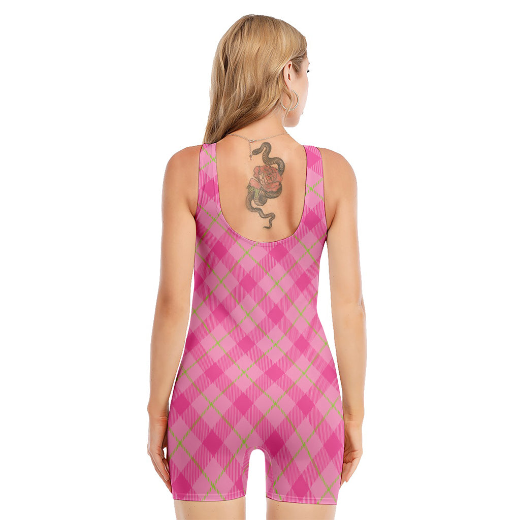 Pink And Green Plaid Pattern Print Sleeveless One Piece Swimsuit