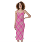 Pink And Green Plaid Pattern Print Slim Fit Midi Cami Dress
