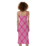 Pink And Green Plaid Pattern Print Slim Fit Midi Cami Dress