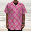 Pink And Green Plaid Pattern Print Textured Short Sleeve Shirt