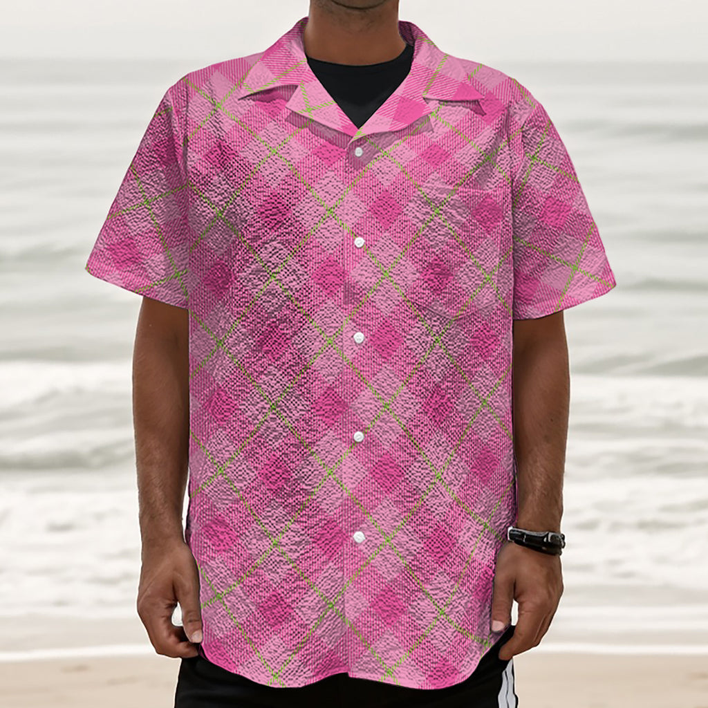 Pink And Green Plaid Pattern Print Textured Short Sleeve Shirt