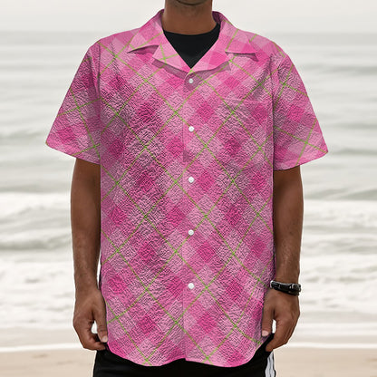 Pink And Green Plaid Pattern Print Textured Short Sleeve Shirt