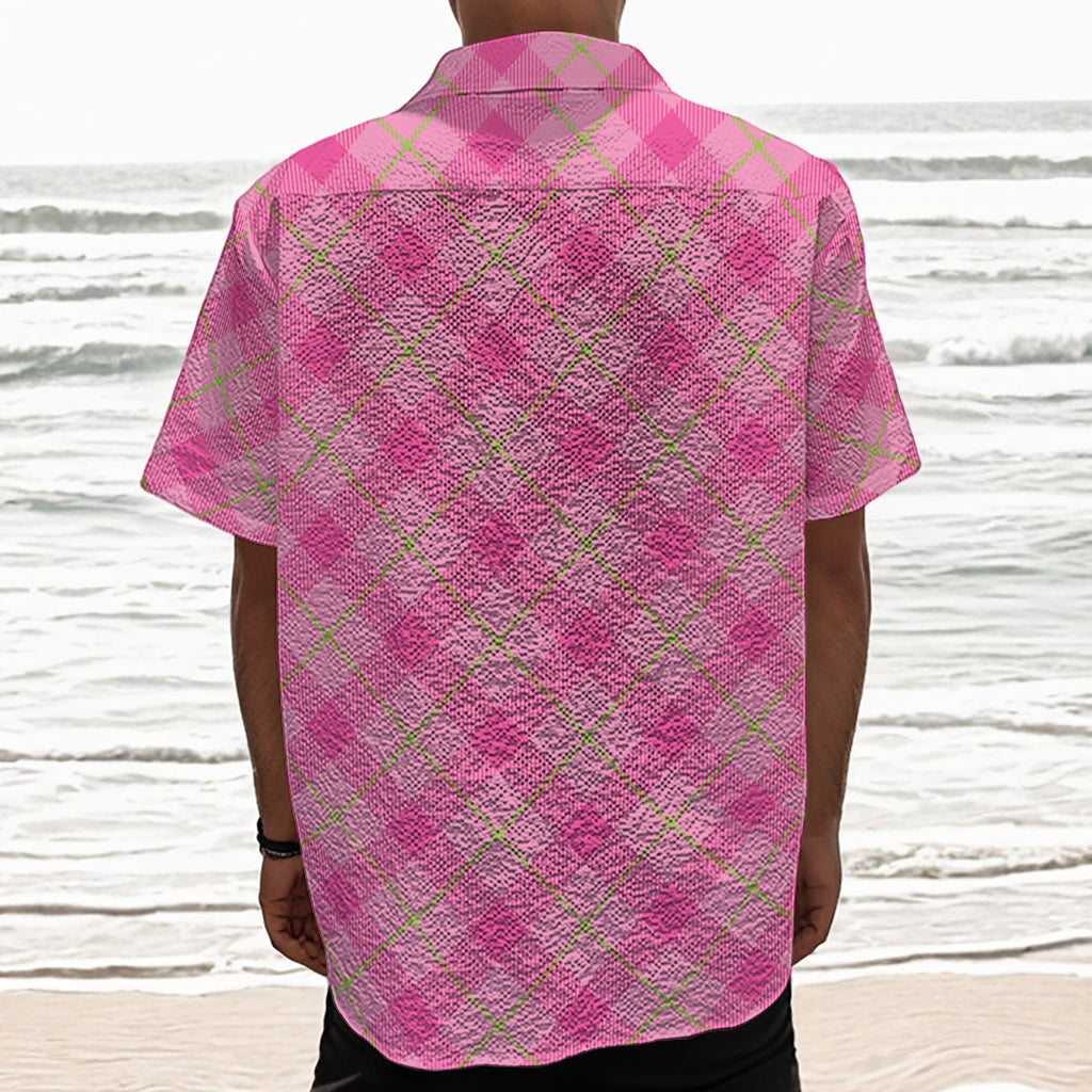 Pink And Green Plaid Pattern Print Textured Short Sleeve Shirt