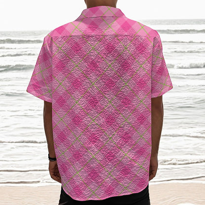 Pink And Green Plaid Pattern Print Textured Short Sleeve Shirt
