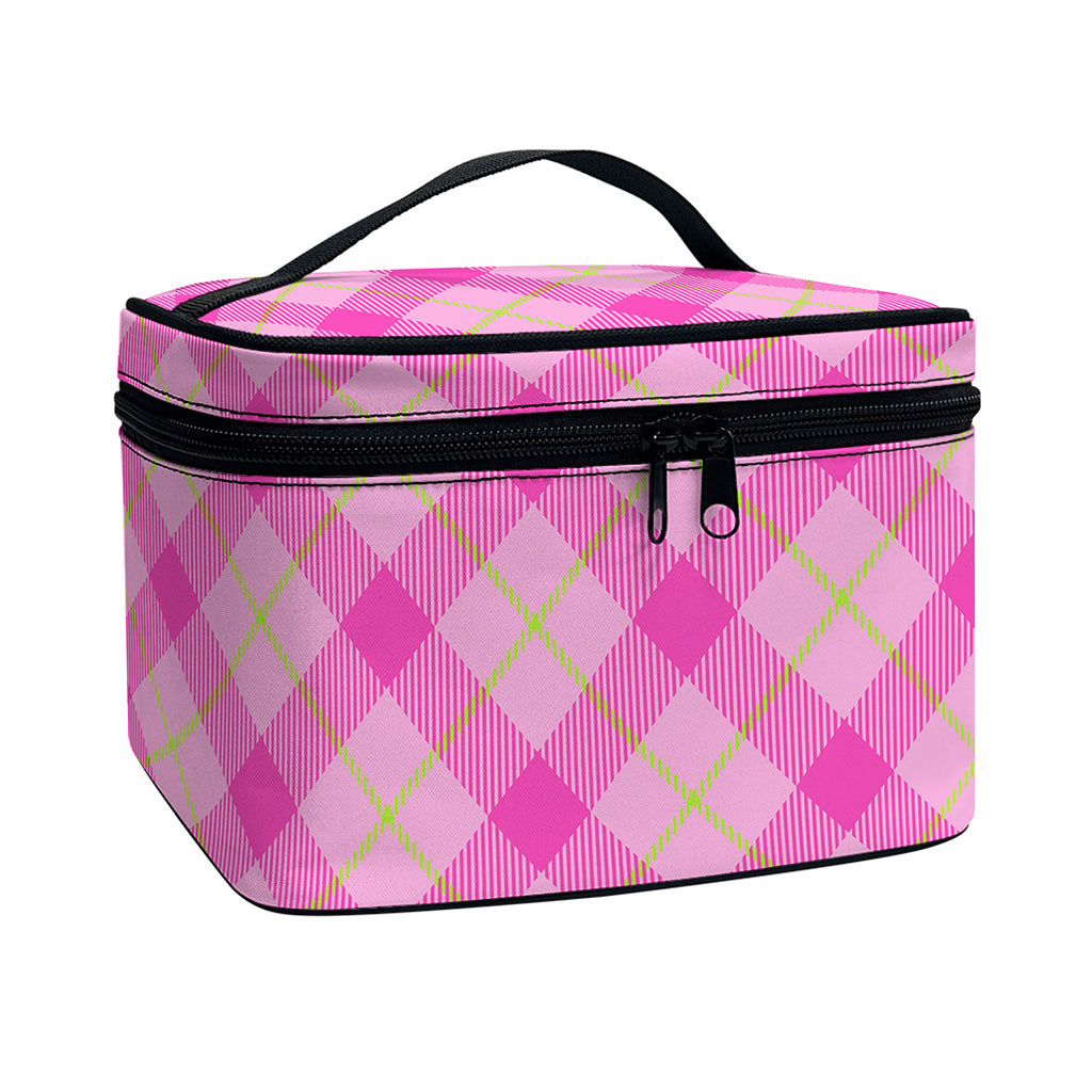 Pink And Green Plaid Pattern Print Travel Makeup Bag