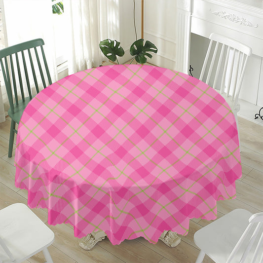 Pink And Green Plaid Pattern Print Waterproof Round Tablecloth