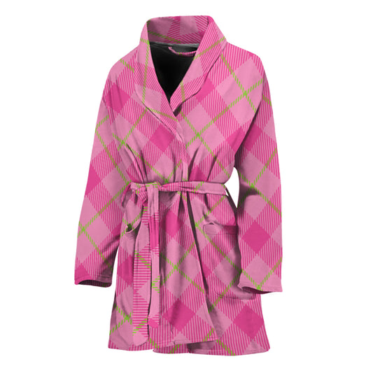 Pink And Green Plaid Pattern Print Women's Bathrobe